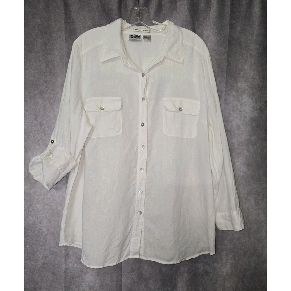 EDWARD Woman White 100% Irish Linen Blouse Button Up Shirt 2X Roll Tab Sleeve
